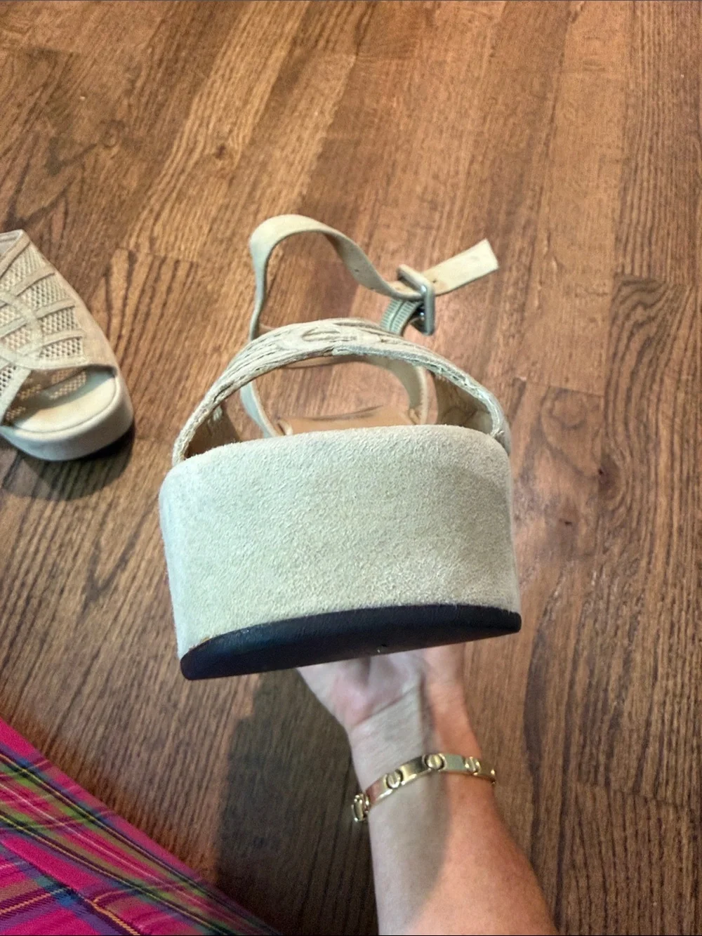 VARDA Size 6 1/2 Suede Laser-Cut Platform Sandals in Light Beige